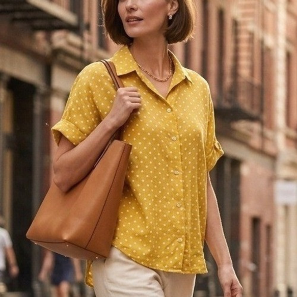 Rachel Roy 100% Linen Boxy Oversized Button Down Polka Dot Mustard Yellow M